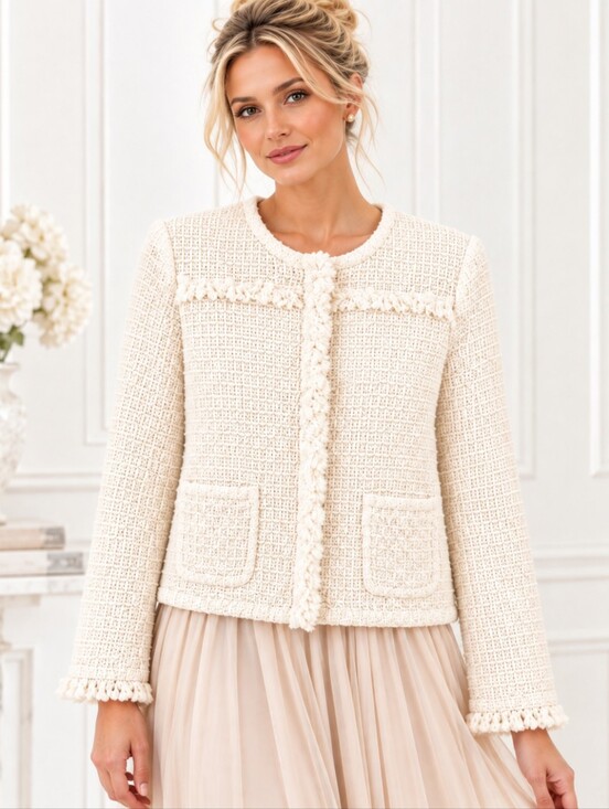 Anne Klein Sweaters - Anne Klein Ivory Textured Knit Fringe Cropped Jacket | Size LP | Quiet Luxury